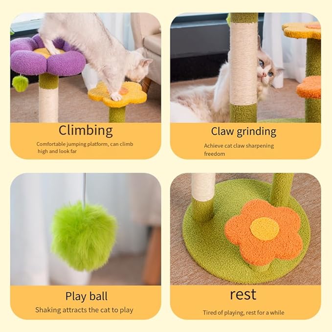 Flower Cat Tree Tower Cat Climbing Frame Sisal Wrapped Cute Cat Tree Multi-Function Small Cat Tower 3 Layer for Playtime and Relaxation