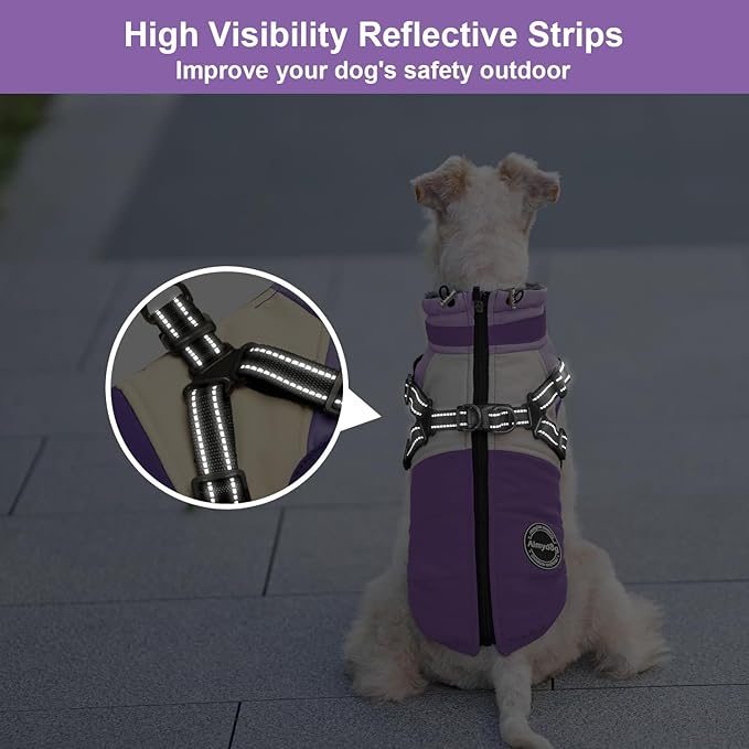 Winter Coat, Waterproof Jacket, Warm Fleece Vest With Built-in Harness, Windproof Turtleneck, Reflective Snow Jacket Snowsuit for Small Medium Large Dogs, Purple XL