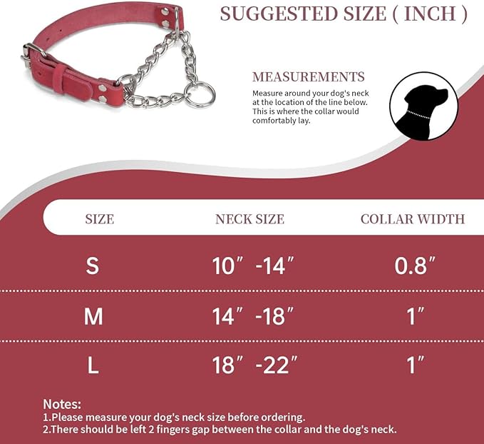Martingale Collar for Dogs No-Pull Adjustable Training Collar with Stainless Steel Chain - Genuine Leather Anti-Slip Design for Small,Medium,Large Breed Dogs - Red (M)