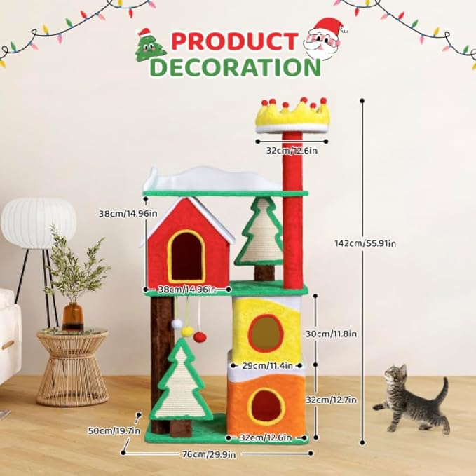 VINGLI 56IN Christmas Themed Plush Cat Tree, Multi Level Large Cat Tower for Indoor Cats with 3 Condos, Crown Top Perch, Xmas Tree Sisal Scratching Ramps, Posts & Hanging Balls Pet Activity Center