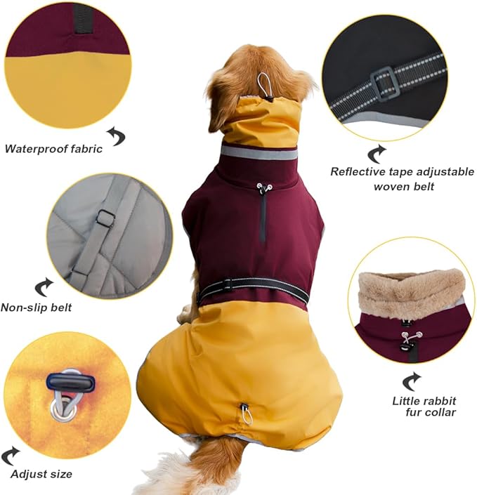 Waterproof Dog Winter Coat, Reflective Turtleneck Fleece Jacket with Snow Protection for Large Dogs, Cold Weather Pet Clothing (Yellow, 2XL)