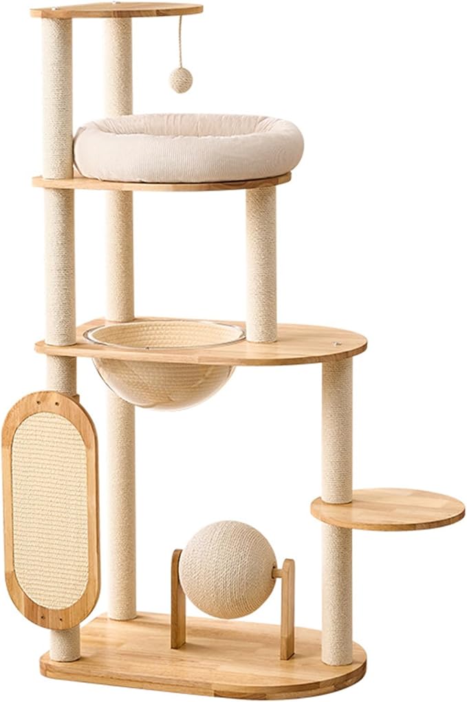 Solid Rubber Wood Modern Cat Tree with Scratching Posts Cat Scratching Ball and Board Washable Easy Clean for Large & Multi-Cat Homes