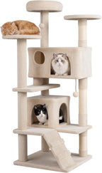 PETSITE 52-inch Cat Tree, Multi-Level Cat Tower with Sisal Scratching Posts, 2 Comfy Condos, Plush Padded Soft Top Perch, Dangling Balls, and Climbing Ladder, Ideal for Indoor Cats (Beige)