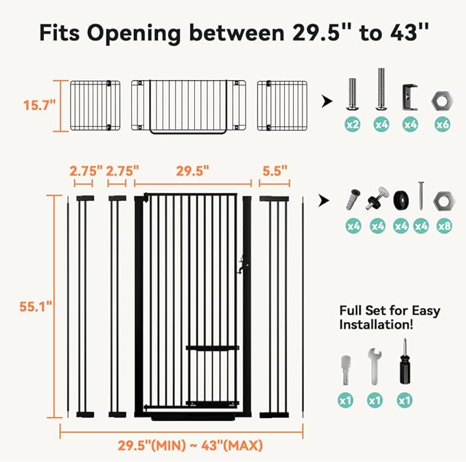 COMOMY 71" Extra Tall Pet Gate for Cats, 29.5-43" Extra Wide Cat Gate with Adjustable Cat Door, Pressure Mounted Easy Walk Through Pet Gate with Door for Stairs, Doorways, Kitchen(Black)