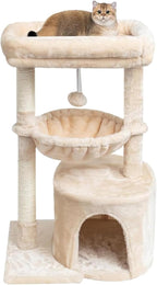 SYANDLVY Small Cat Tree for Indoor Cats, Kittens Condo with Scratching Post and Board, Modern Activity Tower with Cradle, Beige