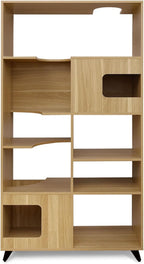 4 Cats & Dogs Clifford Cat Tree Bookshelf – Modern Pet Condo with Climbable Shelves, Multi-Level Tower, Indoor Dog Furniture, Space-Saving Bookshelf & Pet Nooks, 69”H x 36”L x 15”D (Oak)
