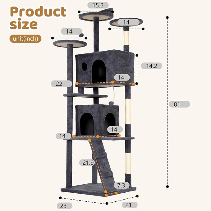 BestOffice 81 Inch Cat Tree, Multi-Level Cat Tower with Condo, Perches, Sisal Scratching Posts, Climbing Ladder,Indoor Activity Center Play House for Kittens & Adult Cats, Dark Gray