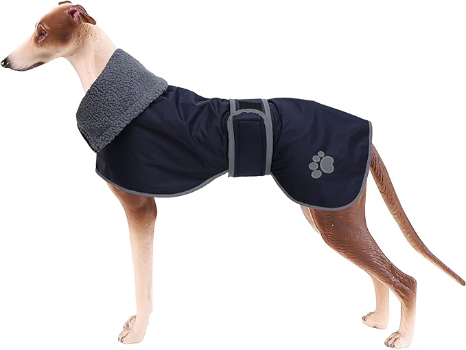 Geyecete Dog Winter Coat Greyhound Raincoat Fabric with Lamb Velvet Inside Outdoor Dog Apparel with Adjustable Bands for Medium, Large Dog-Navy-XXXL