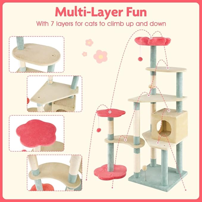 Cat Tree, 61 Inch Multi-Level Floral Kitten Tower with Flower Perch, Plush Platforms, Sisal Scratching Posts, Spring Ball Toy for Indoor Cats