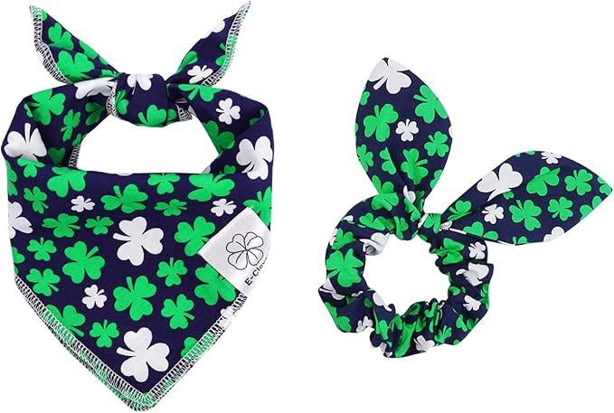 E-Clover St Patrick Dog Bandana Boy & Matching Scrunchie Set Shamrock Lucky Dog Bandanas Scarf with Bow Hair Ties for Small Puppy Dogs Pet Owner Mom Green Spring
