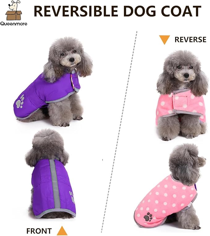 Queenmore Dog Winter Coat, Cold Weather Fleece Jacket for Dogs, Waterproof Reflective Reversible, for Small, Medium and Large Dogs (Purple, M)
