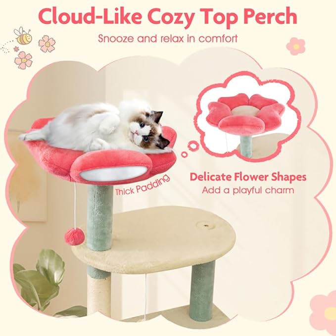 61" Floral Multi-Level Cat Tree Tower with Condo, Scratching Posts, Perches & Toys – Modern Cat Furniture for Indoor Cats, Beige/Blue/Red – Plush & Sisal, 33 lb Per Layer Capacity