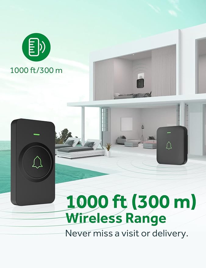 AVANTEK Wireless Door Bell, CB-12 Mini Waterproof Doorbell Chime Operating at 1000 Feet with 52 Melodies, 5 Volume Levels & LED Flash