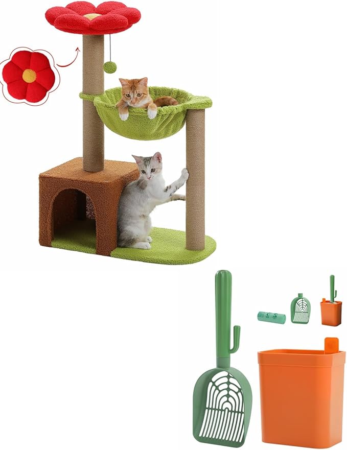 Flower Cat Tree with Sisal Scratching Posts, 35" Cute Cat Tower with Large Green Hammock for Small Indoor Cats, Cactus Cat Litter Scoop with 2 Replaceable Compostable Scoop- Litter Scoop with
