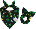 E-Clover St Patrick Dog Bandana Boy & Matching Scrunchie-Shamrock Dog Bandanas Irish Pet Scarf Bib for Medium Large Dogs Girl Owner Gift Dark Green