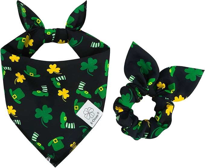 E-Clover St Patrick Dog Bandana Boy & Matching Scrunchie-Shamrock Dog Bandanas Irish Pet Scarf Bib for Medium Large Dogs Girl Owner Gift Dark Green