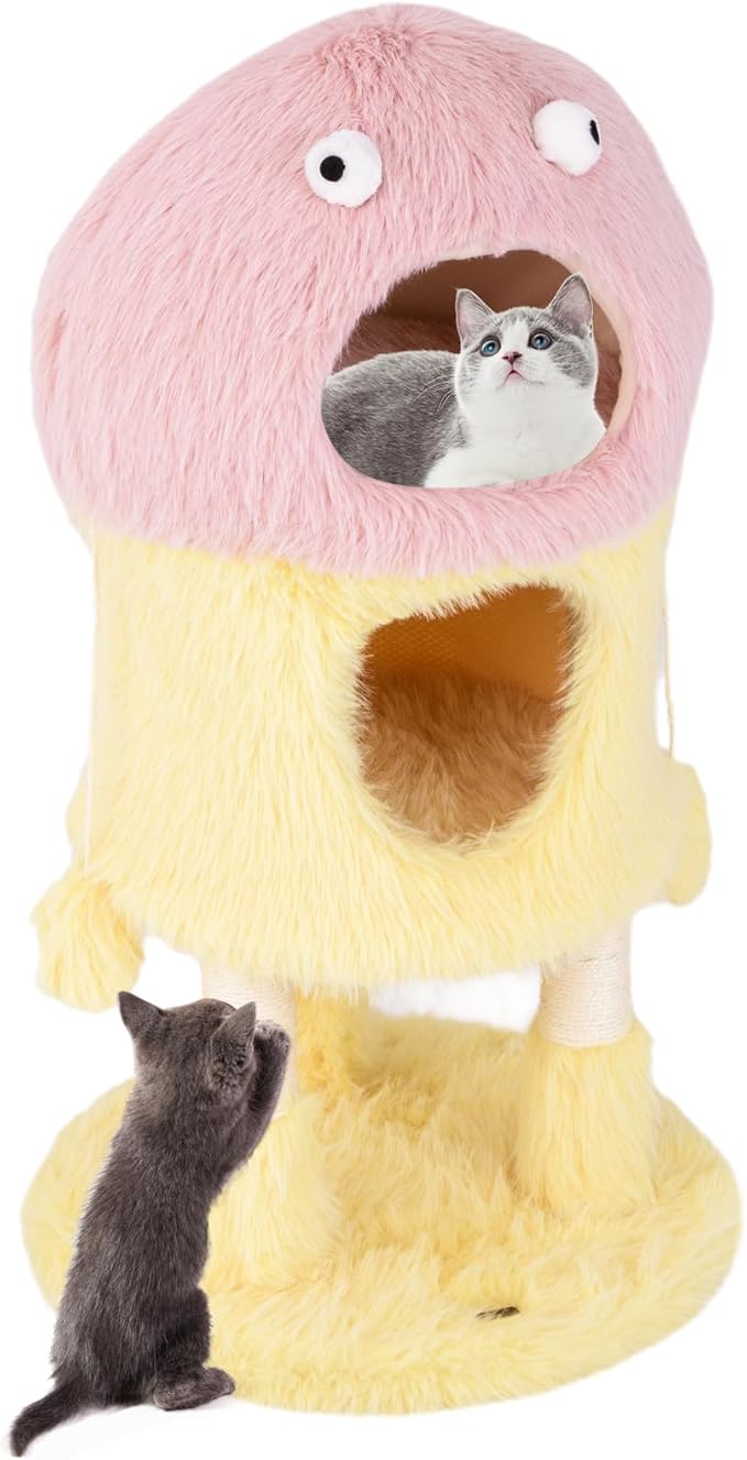 PETSITE 37 inch Monster-Themed Cute Cat Tree, Modern Cat Tree Tower with 2 Cat Condos, Sisal Scratching Posts and Hanging Sound-Making Toys for Indoor Cats