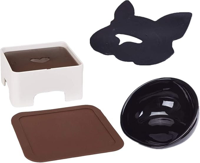 Bulldog Bowl Ceramic Dog Food Bowl - Dog Cat Dish Wide Mouth Dog Bowl Pet Sterile Tilted Pet Feeder with Anti-Skid Rubber Mat (M/1.5 Cup(Black Bowl))