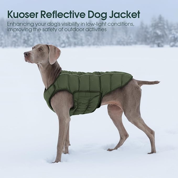 Kuoser Dog Puffer Jacket Warm Dog Coat for Extra Large Dogs, Windproof Reflective Pet Padded Vest Cold Weather Clothes Puppy Snowsuit with Hook & Loop Coats, Easy On/Off, Green 2XL