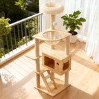 48.8 Inch Modern Cat Tower, Durable Wood Cat Tree with Sisal Scratching Posts, Top Perch & Acrylic Hammock, Wooden Natural White Design for Indoor Cats