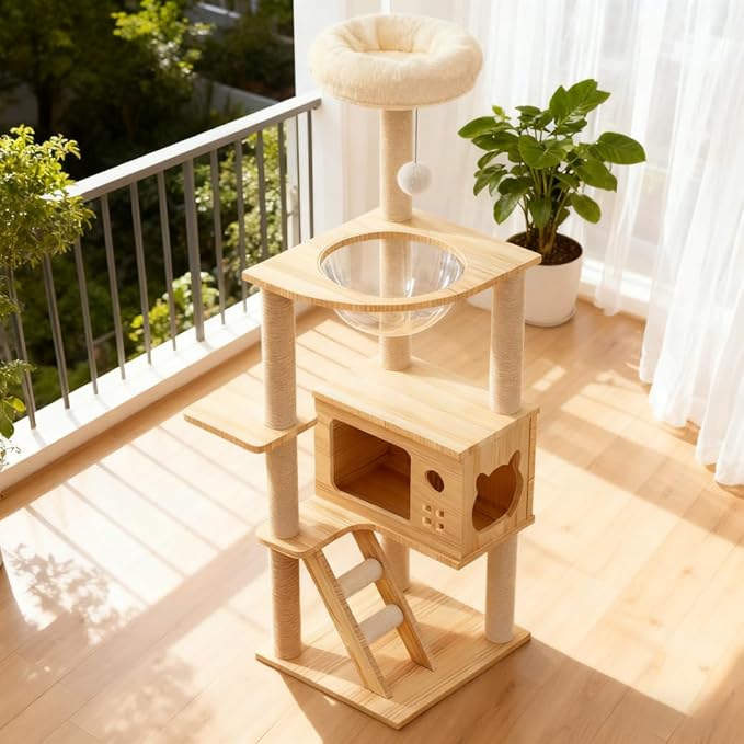 48.8 Inch Modern Cat Tower, Durable Wood Cat Tree with Sisal Scratching Posts, Top Perch & Acrylic Hammock, Wooden Natural White Design for Indoor Cats