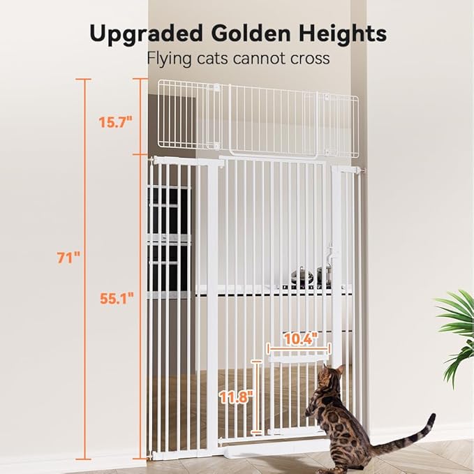 COMOMY 71" Extra Tall Pet Gate for Cats, 29.5-43" Extra Wide Cat Gate with Adjustable Cat Door, Pressure Mounted Easy Walk Through Pet Gate with Door for Stairs, Doorways, Kitchen(White)