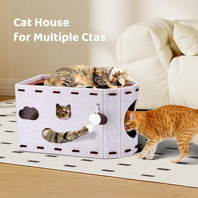 Mity Rain Cat House for Indoor Cats, Foldable Felt Bed Cave with Tunnel & Cat Ball Toy, Large Cat Bed Up for Play, Soft & Warm Cat Beds & Furniture for Indoor Kitten Adult Cats