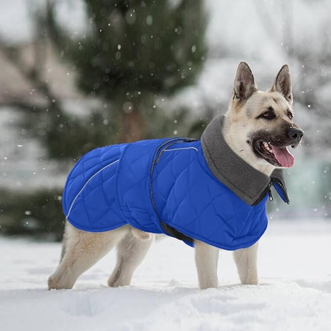Kuoser Dog Winter Coat Waterproof Dog Snow Jacket, Warm Fleece Lined Pet Turtleneck Snowsuit Puppy Cold Weather Coats with Harness Hole, Adjustable Winter Vest for Medium Large Dogs, Blue, L
