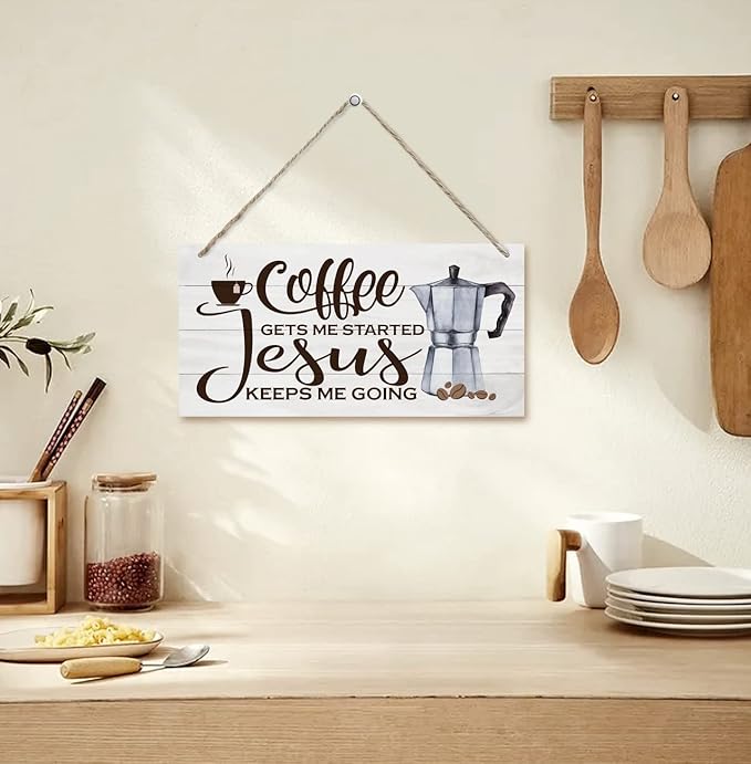 Hanging Coffee Wood Decor Sign, Jesus Keeps Me Going, Printed Wooden Plaque Decor, Coffee Bar Sign, Rustic Farmhouse Kitchen Wall Decor Sign 12x6 inch