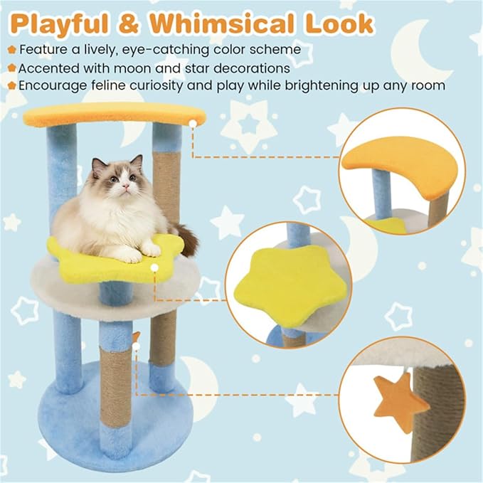 Moon & Star Themed Cat Tree Tower, 29" Tall, Cute Cat Tree for Indoor Cats, 4-Tier Cat Tree Tower for Indoor Cats with Jute Scratching Posts (Blue)