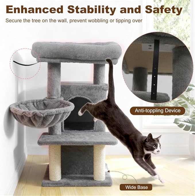 Light Gray 33.5" Cat Tree Tower with 2-Tier Condo, Multi-Level Perches, Sisal Scratching Posts & Anti-Tip Safety Device