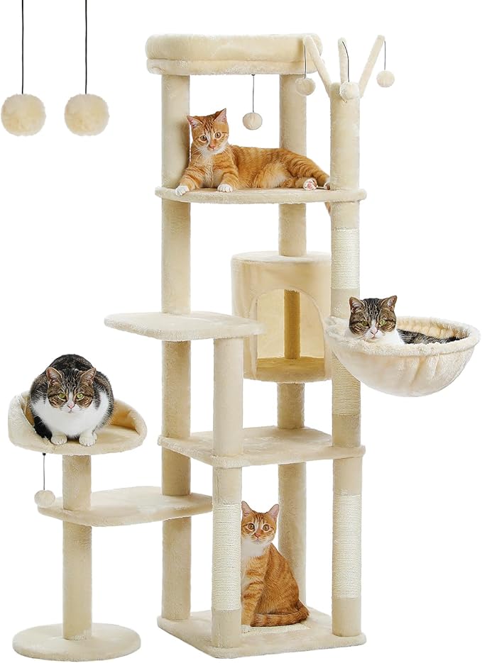 59" Cat Tree, Cat Tower for Large Cats, Multi-Level Cat Tower with 3 Removable Pompom Sticks, Cat Tree for Indoor Cats, Cat Condo with Large Hammock, Scratching Post, and 2 Perches, Beige