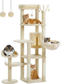 59" Cat Tree, Cat Tower for Large Cats, Multi-Level Cat Tower with 3 Removable Pompom Sticks, Cat Tree for Indoor Cats, Cat Condo with Large Hammock, Scratching Post, and 2 Perches, Beige