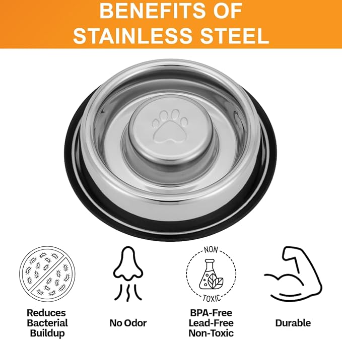 Neater Pet Brands Stainless Steel Slow Feed Bowl - Non-Tip & Non-Skid - Stops Dog Food Gulping, Bloat, Indigestion, and Rapid Eating (1.5 Cup)