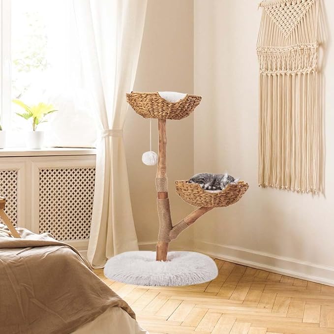 unipaws Wood Cat Tree Tower for Large Cats 20lbs, Updated Enlarge 24" Base with Dual Woven Baskets, 41" H Cat Activity Tree with Plush Cushions and Scratching Post
