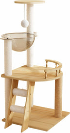 Floor to Ceiling Cat Tree, Adjustable Height Cat Tower (98-110 Inch) Fits Any Room, Modern Cat Activity Tree with Large Wood Condo, Hammock & Scratching Post for Indoor (Natural+White + 3)