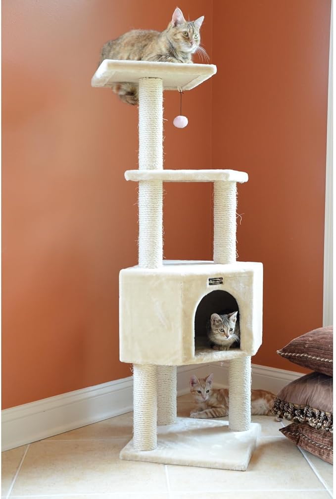 Cat Tower 3 Level Real Wood Kitten Tree - Beige Condo Perch Sisal Scratching Post 48" Tall