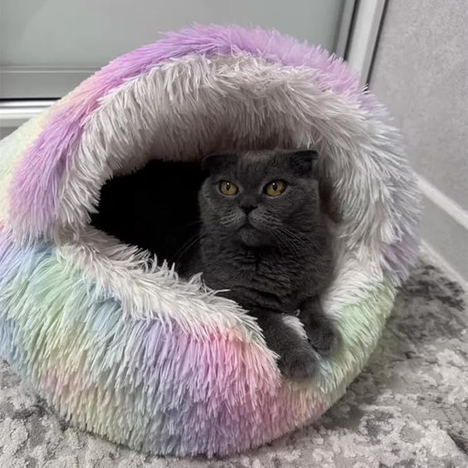 Cat Bed Round Fluffy Hooded Cat Bed Cave, Anti-Anxiety Cave Bed with Hooded Blanket, Cozy Cuddler Luxury Puppy Pet Bed, Anti-Slip Bottom and Machine Washable (Rainbow, Medium)