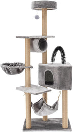 Multi-Level Cat Tower Cat Tree with Scratching Posts, Hammock, Condo, Jumping Platforms, 16.53 Lbs Load Capacity, 63" Tall Wooden Cat Condo Perch for Indoor Large/Small Cats (Silvery Grey)