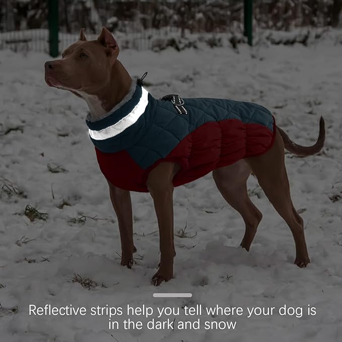 FUAMEY Dog Coat for Large Dogs,Waterproof Dog Winter Jacket with Harness Built in Puppy Cold Weather Coats Reflective Pet Vest with Zipper Warm Fleece Dogs Snowsuit Windproof Dark Blue XXXL