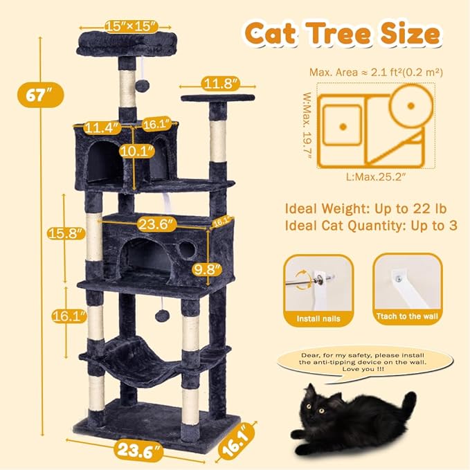 Heavy Duty Cat Tree,67in Multi-Layered Tall Cat Tower for Indoor Large Adult Cats,XL Compact Cat Stand with Hammock,Sisal Scratching Post,Removable Plush Perch,Condo,Dark Gray (Dark Gray)