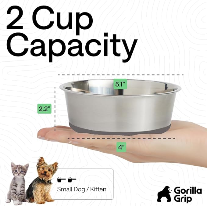 GORILLA GRIP Dog Bowls, Food Grade 304 Stainless Steel, Holds 2 Cups Each (16 fl oz) Food and Water Bowl for Feeding Dogs and Cats, Dishwasher Safe, Rust Resistant, BPA Free Rubber Base Set of 2 Gray