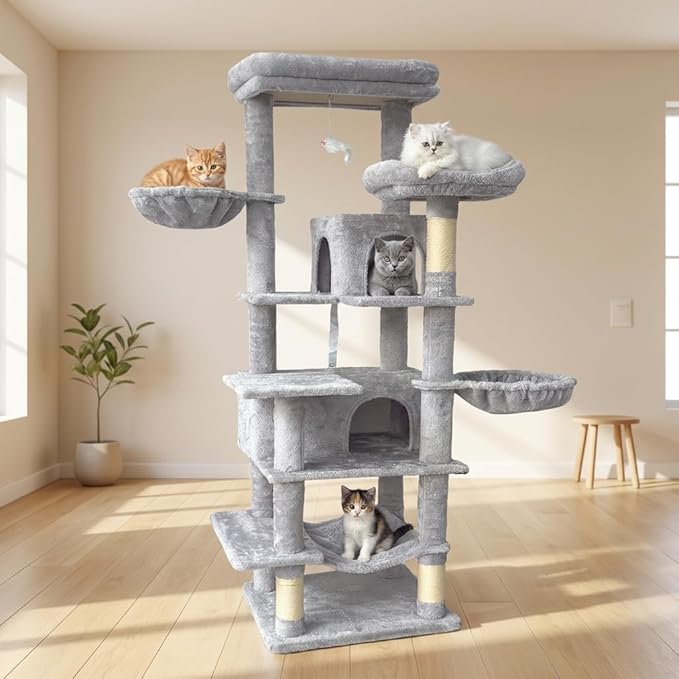 Multi-Level Large Cat Tree, 68-Inch Cat Tower for Indoor Cats, Plush Multi-Color Cat Condo with 4 Scratching Posts, 2 Perches, 2 Caves, Hammock, Pompom，Extra Large Top Perch (Gray)