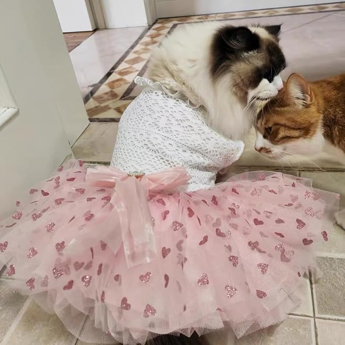 Pink Dog Dress for Small Dog Girl Spring Puppy Clothes with Bow Puff Sleeves Cat Outfit Doggy Princess with Leash Ring Doggies Harness Dress Summer Pet Apparel (Pink White, Large)