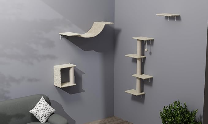 Modern Wall-Mounted Cat Furniture Set-4pcs Deluxe Cat Wall Shelves with Plush Bridge,Steps, Scratcher & Sisal Cat Tree | Sturdy 22lbs Capacity,Space-Saving Vertical Playground,for Active Indoor Cats