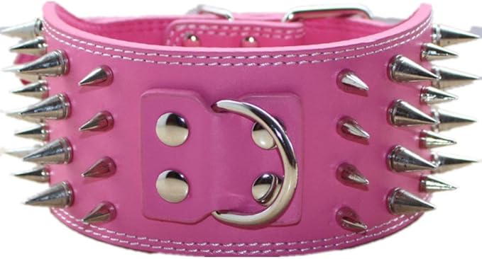 Studded Dog Collar, 3" Sharp Spiked Leather Dog Collar fit Training,Sports,Walking,Medium,Large,X-Large,for Pitbull,Labrador,Boxer (L:19-22 inch, Hot Pink)