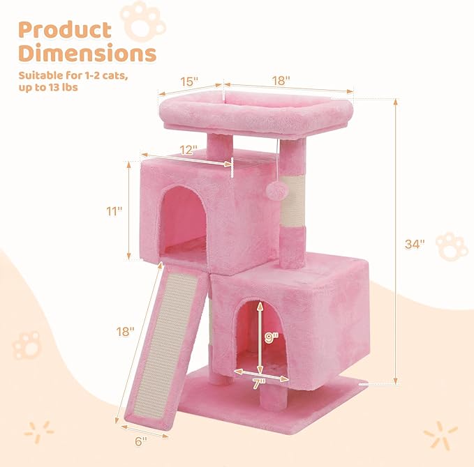 Cat Tree Tower with 2 Cat Condo, Cat Tower with Scratching Post & Sisal-Covered Scratching Board Ladder, Cat Climbing Tower, Cat Tree for Indoor Cats 34 Inch, Soft Pink