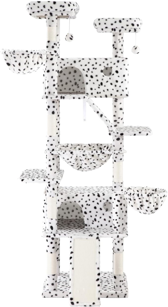 WEEWAY Cat Tree Tower for Indoor Cats,81'' Multi-Level Cat Furniture Activity Center,Stand House Condo Cave,Sisal Scratching Posts Ramps,Plush Perches Platforms Basket Hammock,White&Black Spot