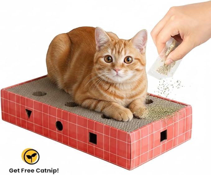 Cat Scratcher Cardboard 3-in-1 Interactive Cat Scratching Board with Bell Ball, Double-Sided Durable Corrugated Cat Toy for Indoor Cats