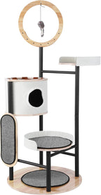 66-Inch Tall Cat Tree with Scratching Post Wooden Cat Tower with Dangling Ball Platform Hammock for Indoor Cats Large Adult